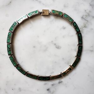Sterling Silver Vintage Taxco Malachite Choker Collar  Necklace